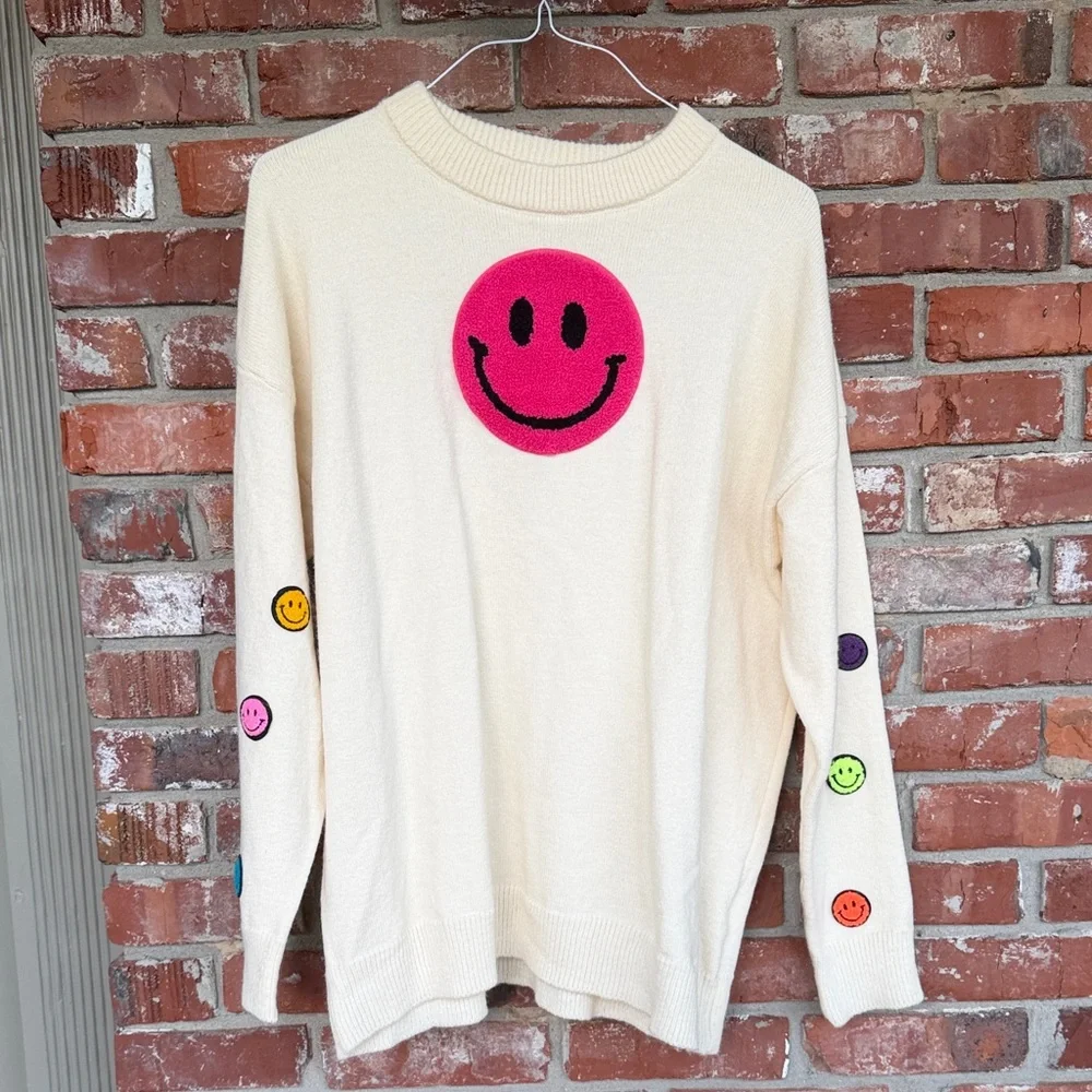 Hazel & Olive Cream Sweater with Colorful Smiley Faces one size - Picture 1 of 8